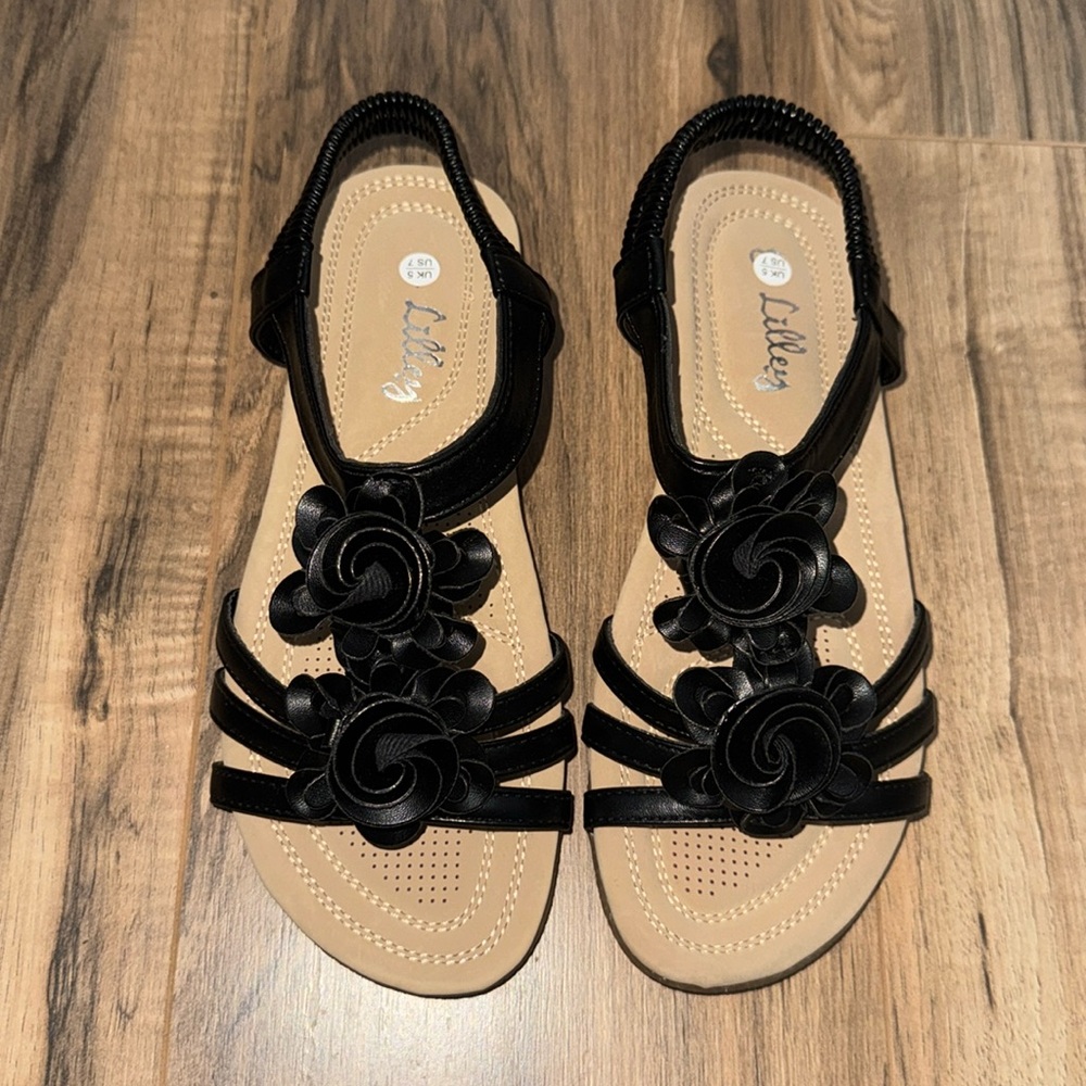 New Lilley Black Flower Leather Slip On Sandals US Size 7